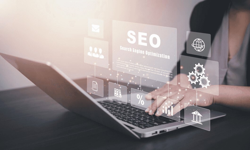 showcasing floating SEO KPIs & tools Design while a Man using a Laptop on a desk
