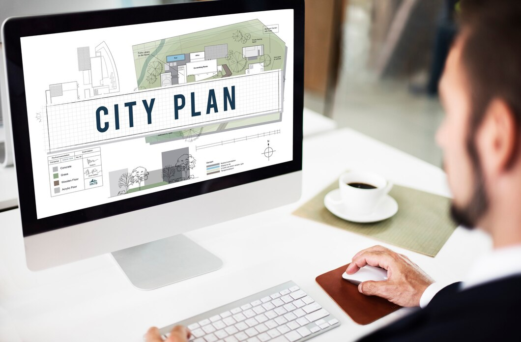 a professional creating Constructing design - City Plan on Desktop PC, coffee also on desk