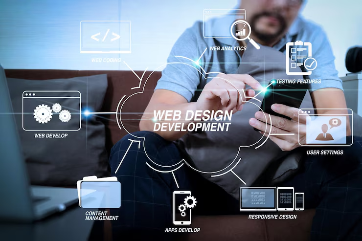 Dynamic web development project in progress on laptop, representing services in Malaysia