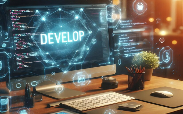 Developer working on dynamic website development with code and UI elements on screen