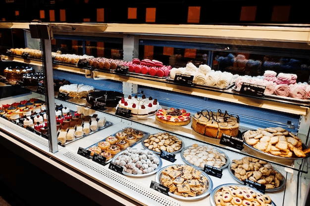 Cake Bakery Deep-fridge Containing multiple Beautiful cakes and Sweets