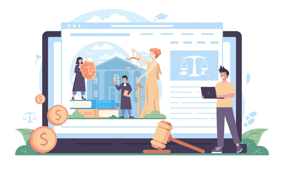 Illustration: Laptop displaying legal-themed webpage with various legal symbols and characters.