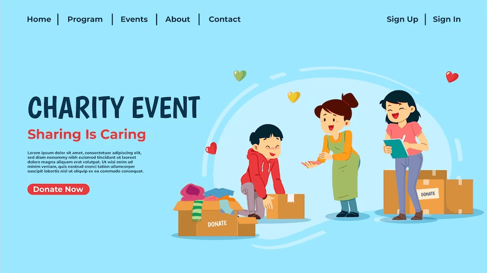 three animated characters: a smiling woman, a younger woman, and a child with donate written boxes with Text