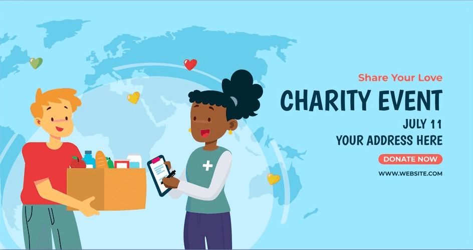 A digital illustration of charitable event with a boy giving things and a girl noting that.