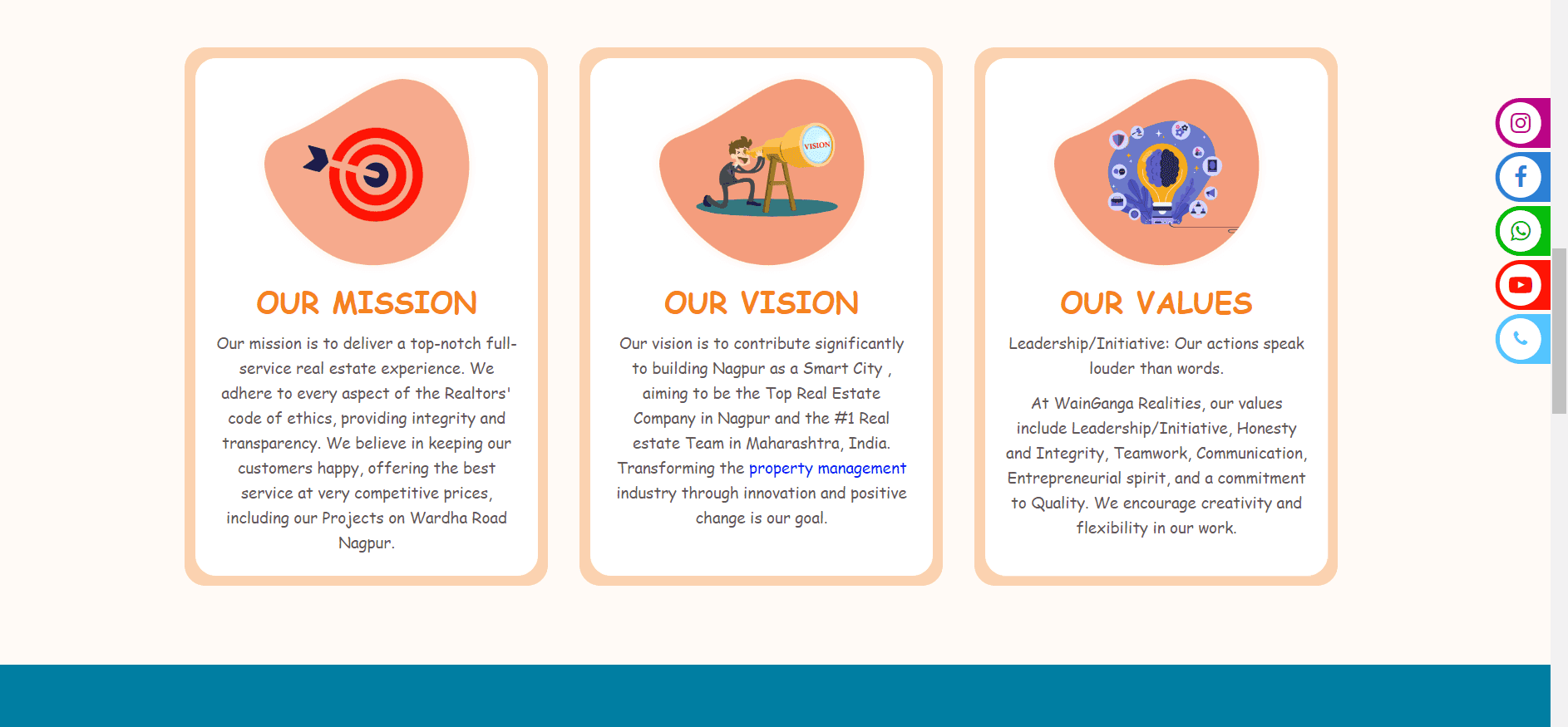 Three cards titled Our Mission Our Vision and Our Values, with icon of a target, a man gazing through a telescope, a lightbulb