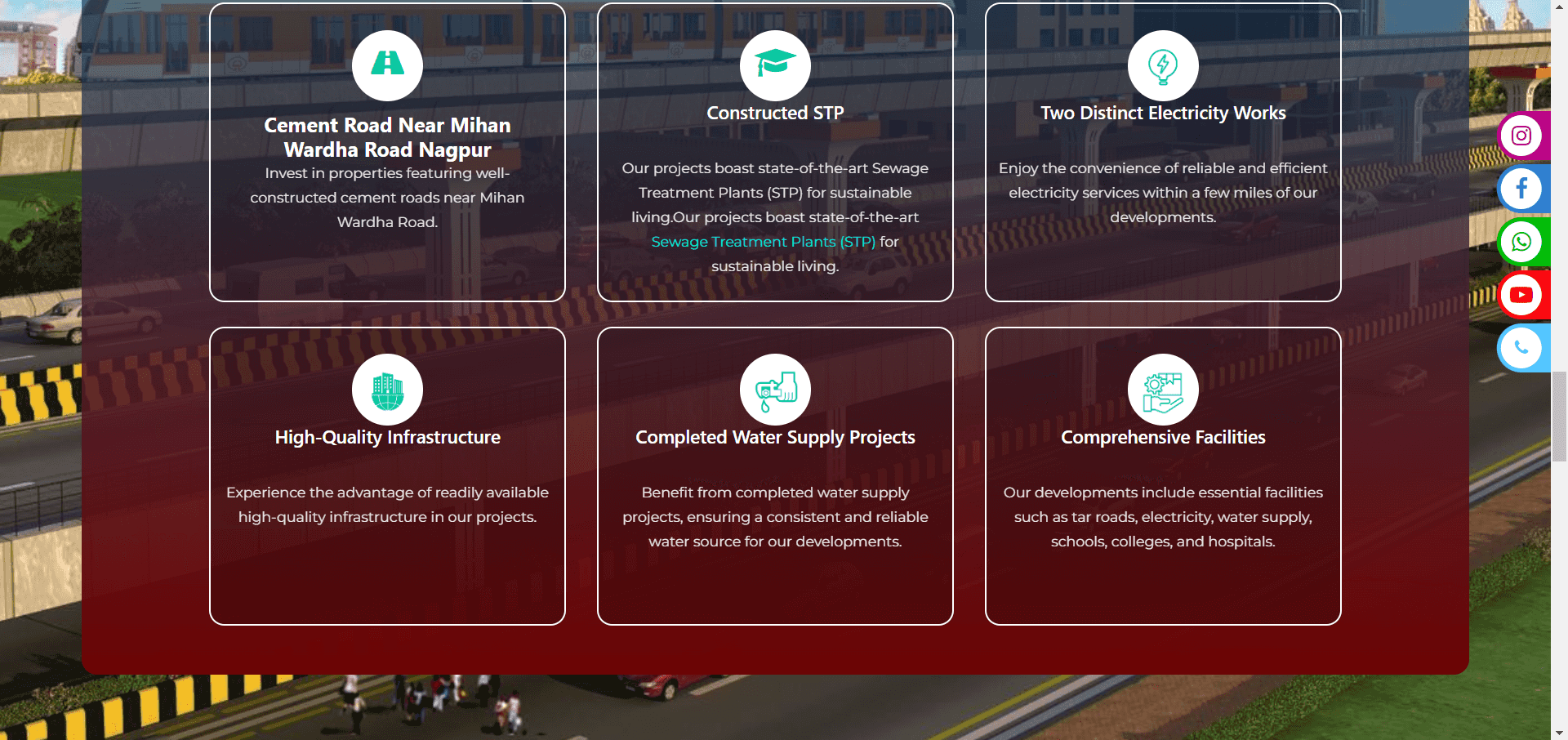 Webpage screenshot: Roadway, Flyover, and Metro on Root, Urban development project advertisement with cityscape view and categories